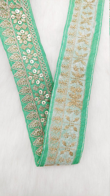 Green Art Silk Fabric Trim With Gold Floral Embroidery, Floral Sequins Sari Border, Trim By 9 Yards